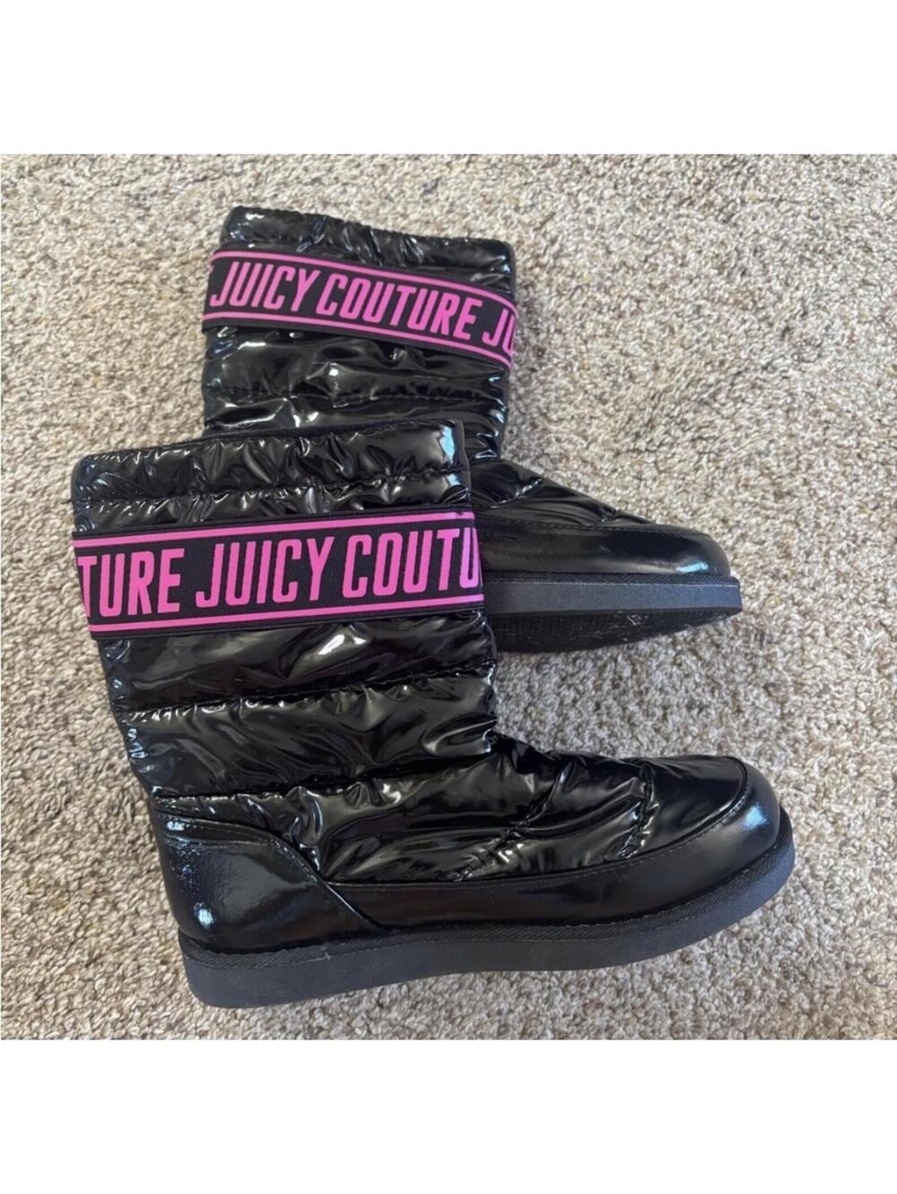 (Juicy Couture) Shiny Black Boots with Pink Logos